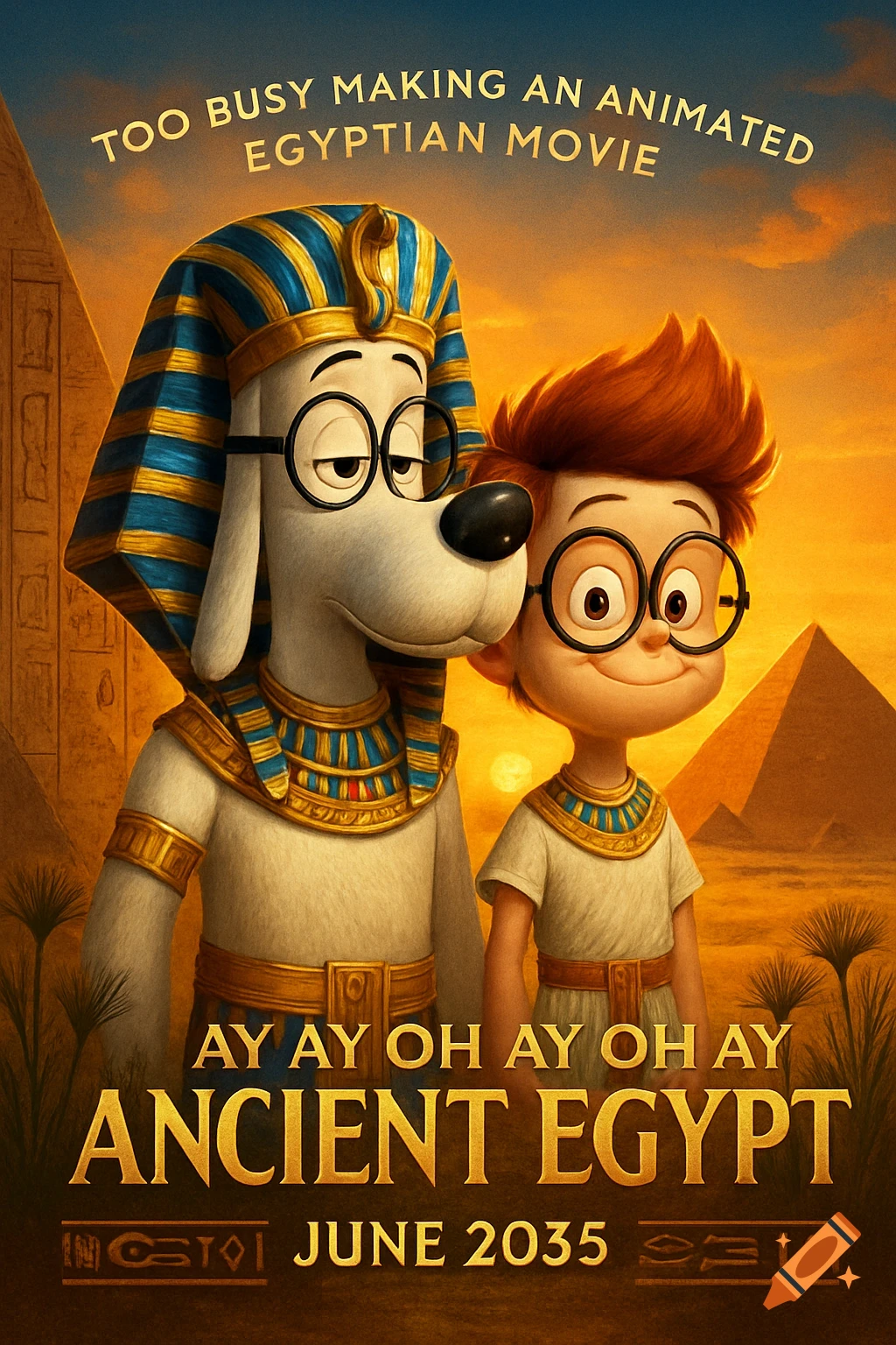 A vibrant movie poster features Mr. Peabody and Sherman from "Mr. Peabody & Sherman" dressed in ancient Egyptian attire, standing in a desert with pyramids against an orange sunset. Text includes "Too Busy Making An Animated Egyptian Movie," "Ay Ay Oh Ay Oh Ay Ancient Egypt," and "June 2035."