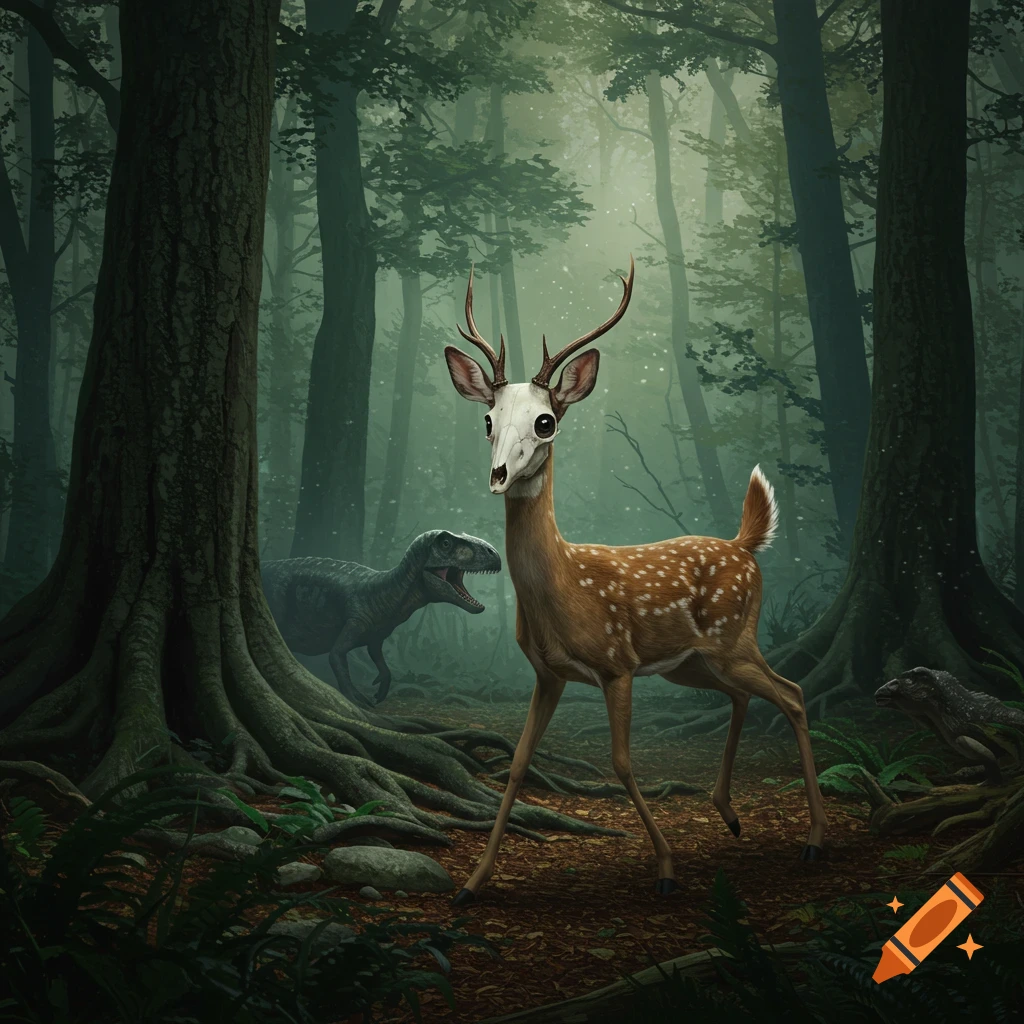 A deer-like creature with a white skull head and antlers stands in a misty, dark forest, with a dinosaur roaring in the background.
