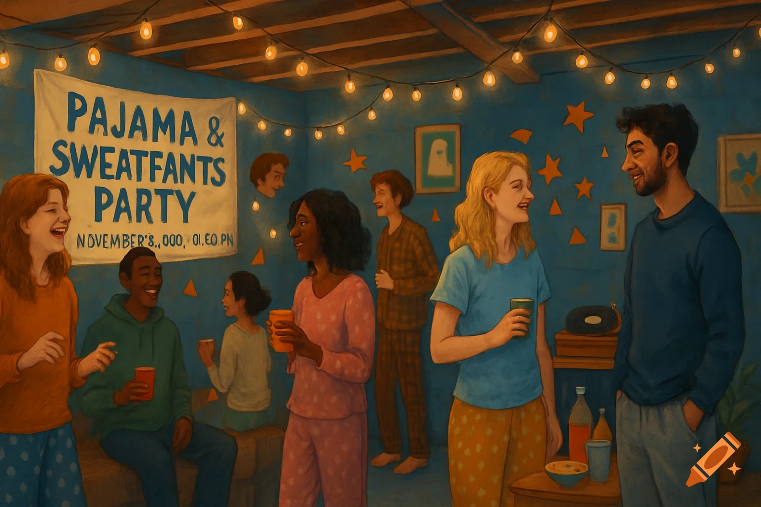 An illustration of a diverse group of young adults laughing and socializing at a pajama and sweatpants party in a dimly lit room with string lights. A banner in the background reads "PAJAMA & SWEATFANTS PARTY" with garbled date details. People are holding drinks and wearing various pajamas.