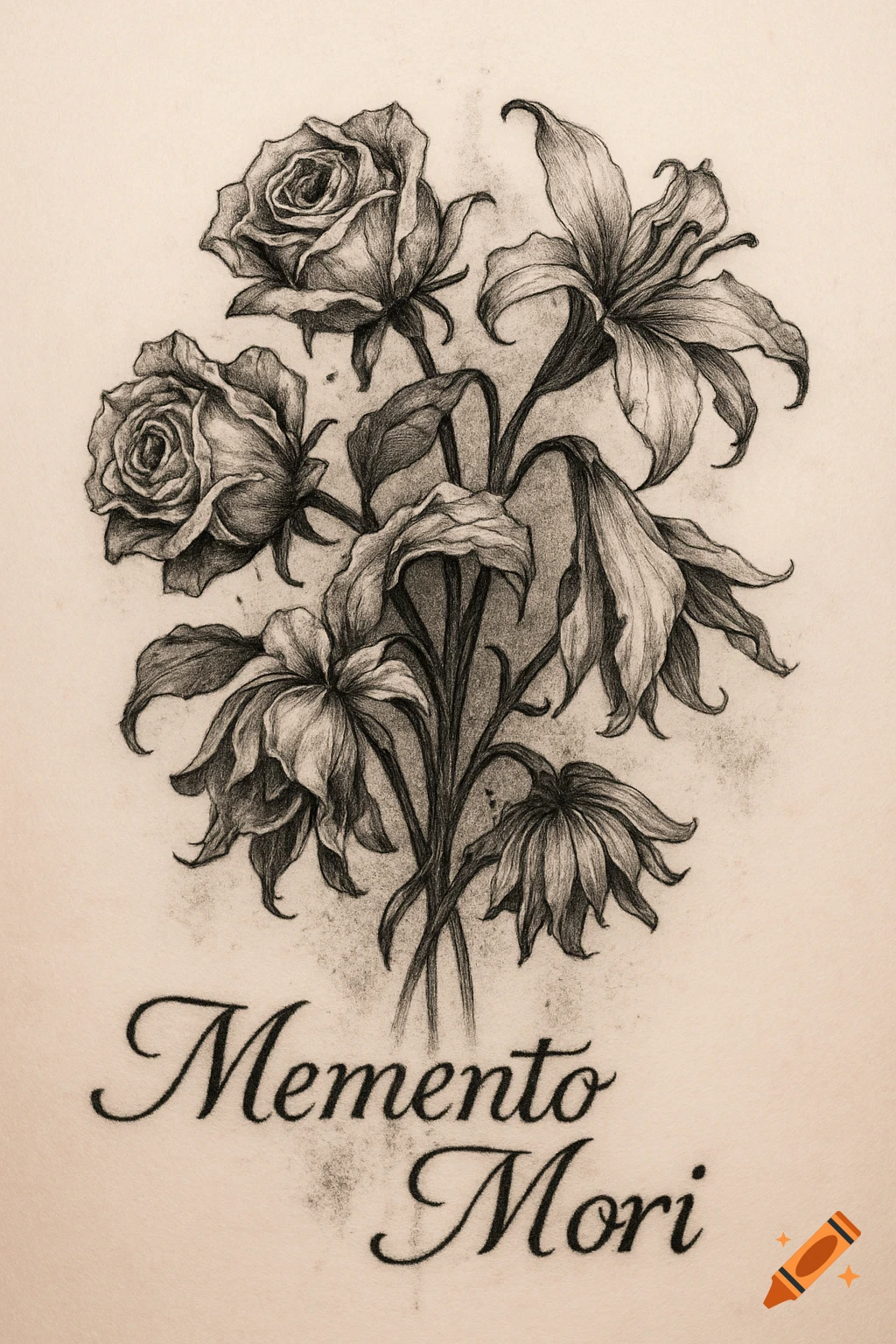 A sepia-toned sketch of wilting roses and lilies with the text 'Memento Mori' beneath them, resembling a tattoo design.