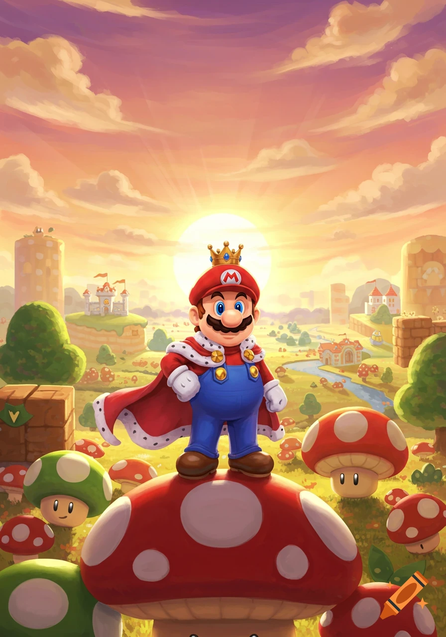 King Mario stands on a large red mushroom in a vibrant Super Mario landscape at sunset.