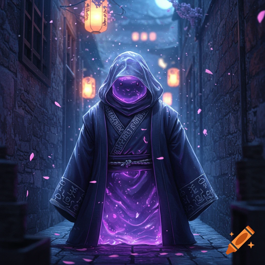 A mysterious hooded figure with a glowing purple ooze body stands in a dark, narrow, Japanese-style alleyway at night with lanterns and falling pink petals.