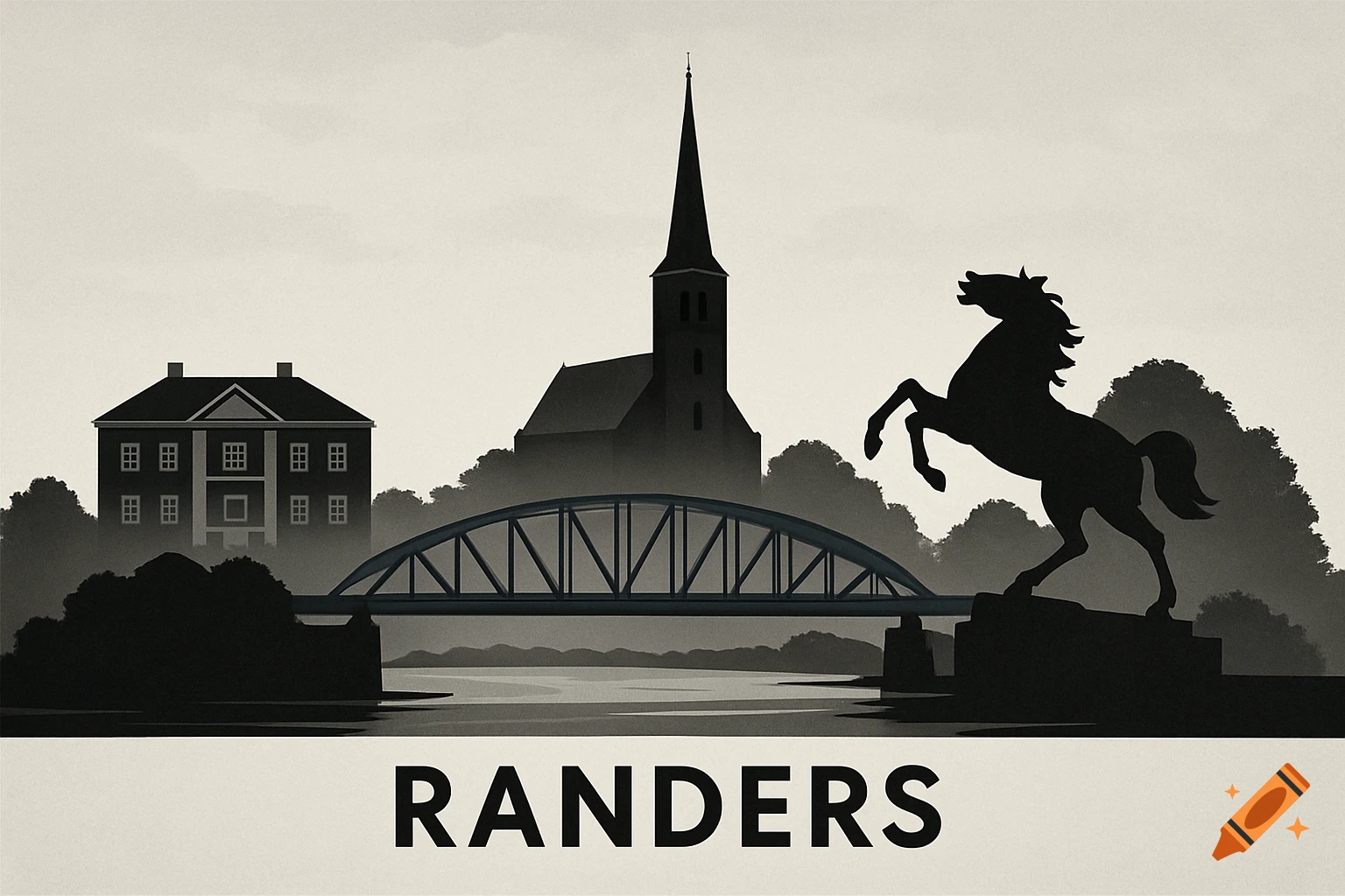 A black, grey, and white stylized illustration of a city skyline with a church, a mansion, a bridge over water, and a rearing horse statue, with the word RANDERS below.