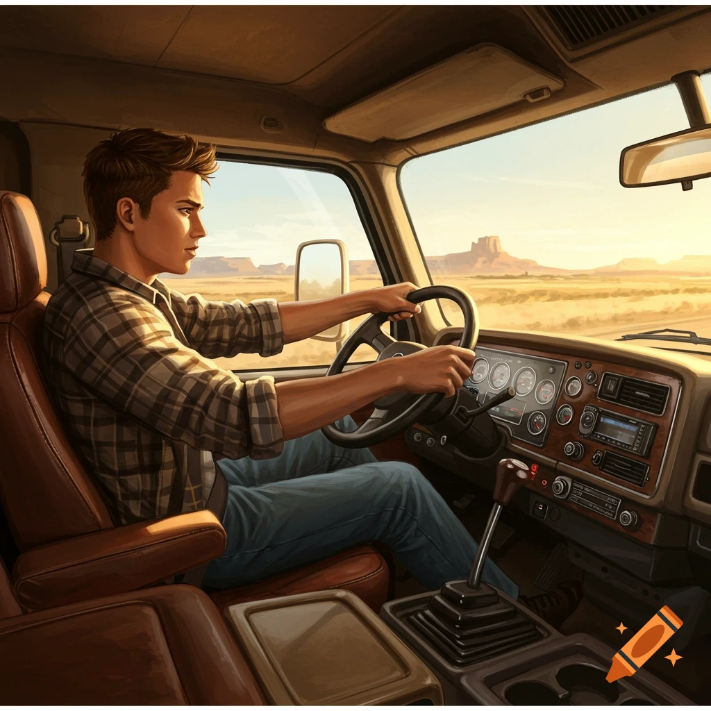 A young man in a plaid shirt drives a heavy truck through a desert landscape at sunset, with a manual gearshift.