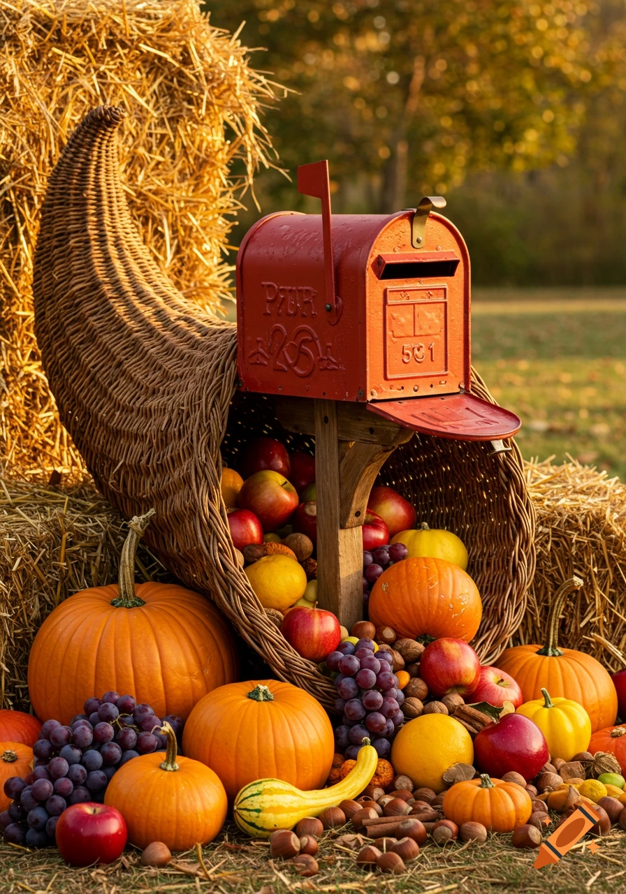 A vintage red mailbox sits in a cornucopia overflowing with pumpkins, gourds, apples, grapes, and nuts, surrounded by hay bales in a sunny autumn setting.