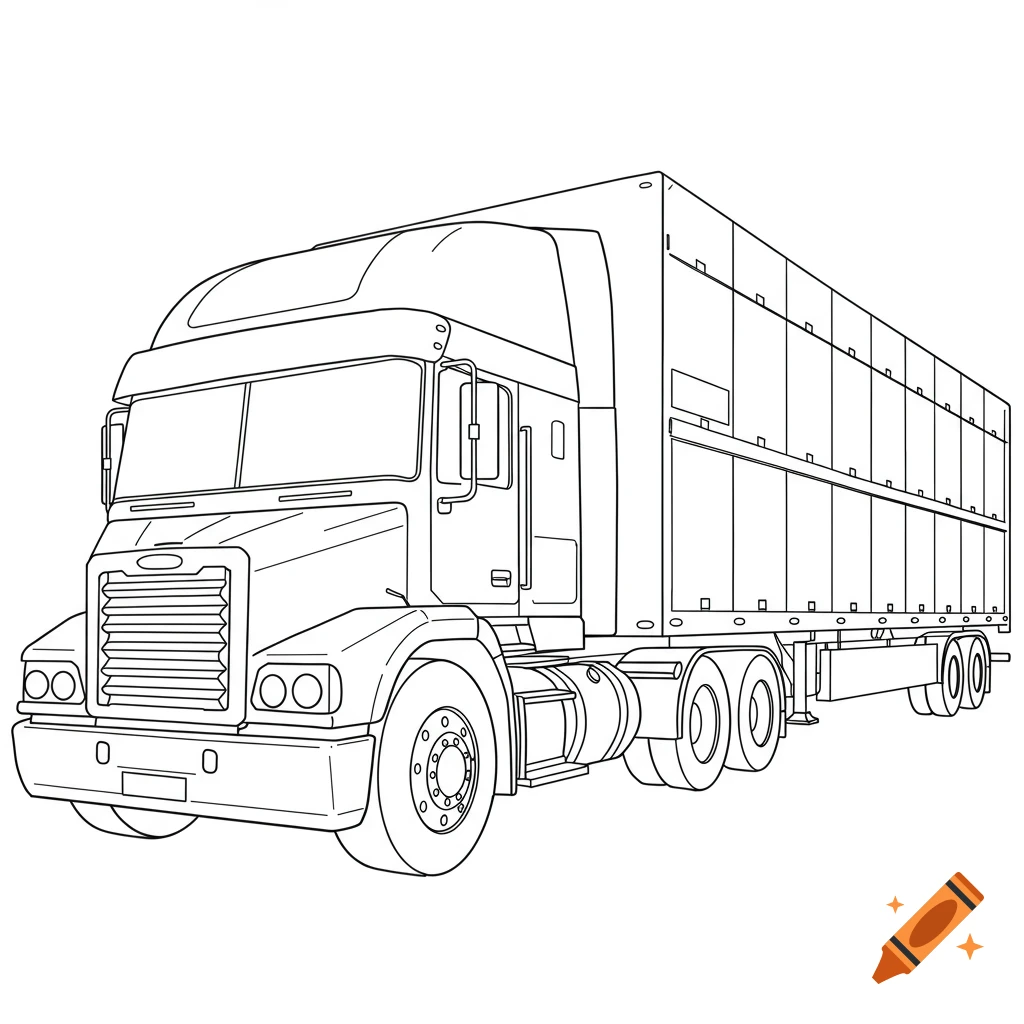 A black and white line art drawing of a large semi-truck with a long trailer, depicted from a slight angle.
