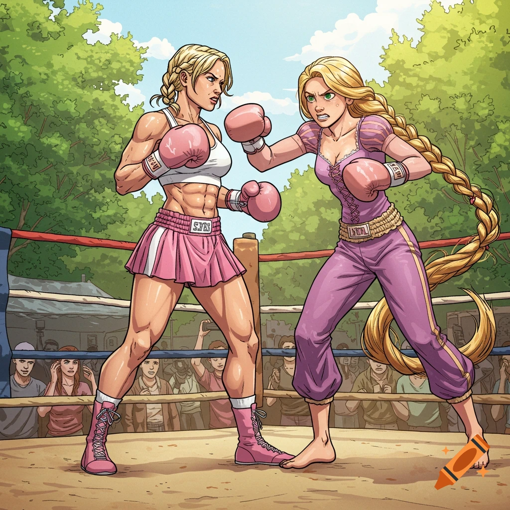 Comic art of two blonde women, one in a pink skirt and sports bra, the other Rapunzel in purple, boxing in an outdoor ring.