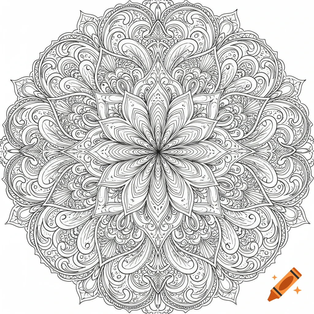 Intricate black and white symmetrical mandala line drawing with floral and swirling patterns.