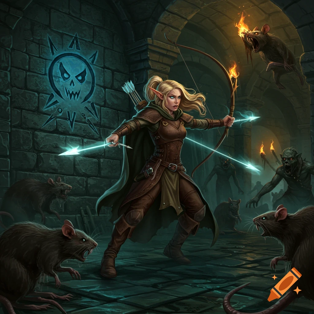 A blonde half-elf ranger shoots glowing arrows at rats and goblins in a dark dungeon with the Blue Öyster Cult symbol on the wall.