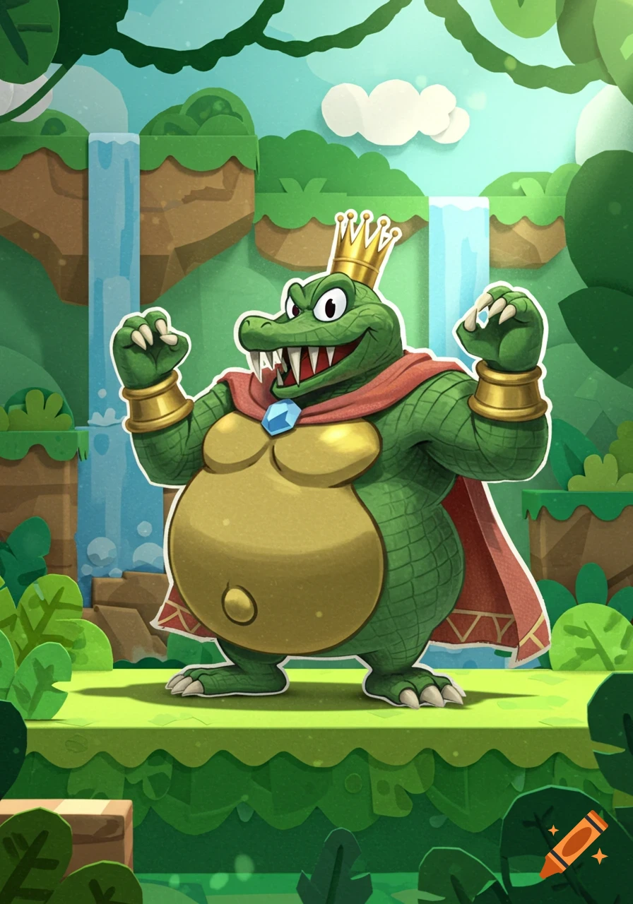 Cartoon King K. Rool in a gold crown and red cape stands in a ...