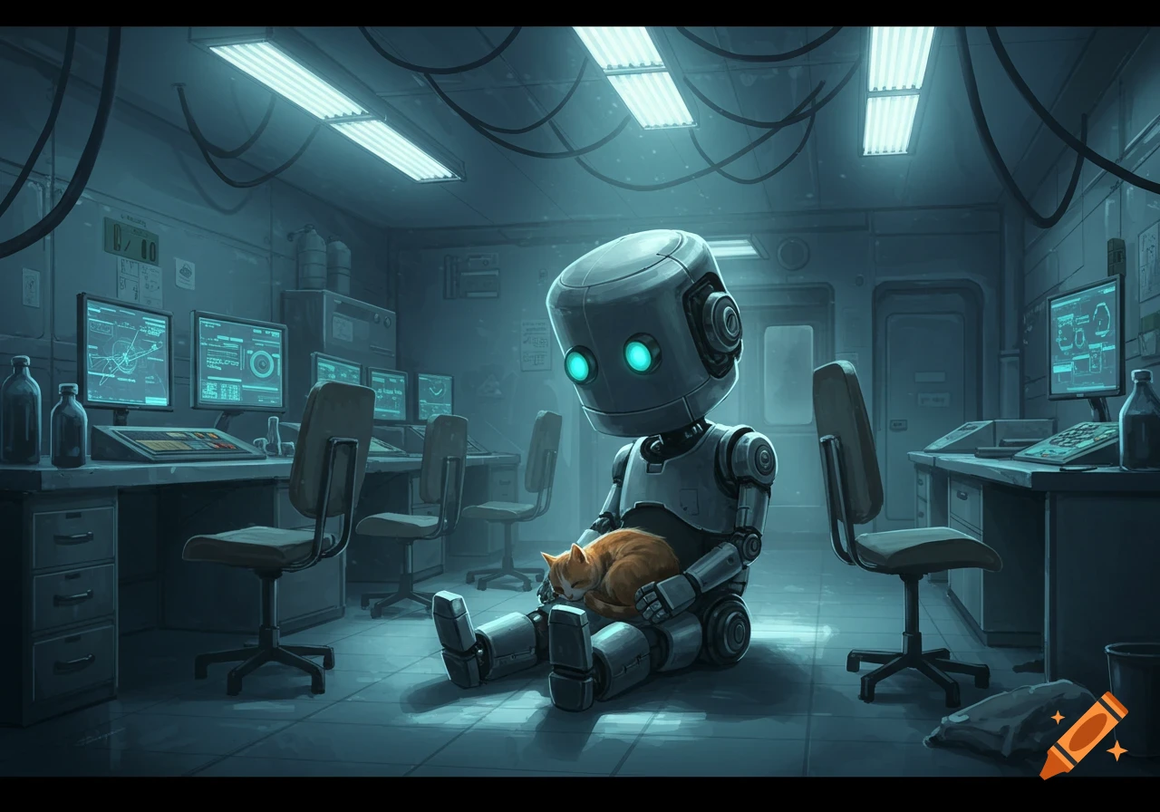 A sad robot with glowing blue eyes sits on the floor, holding a sleeping orange cat in a dimly lit futuristic lab.
