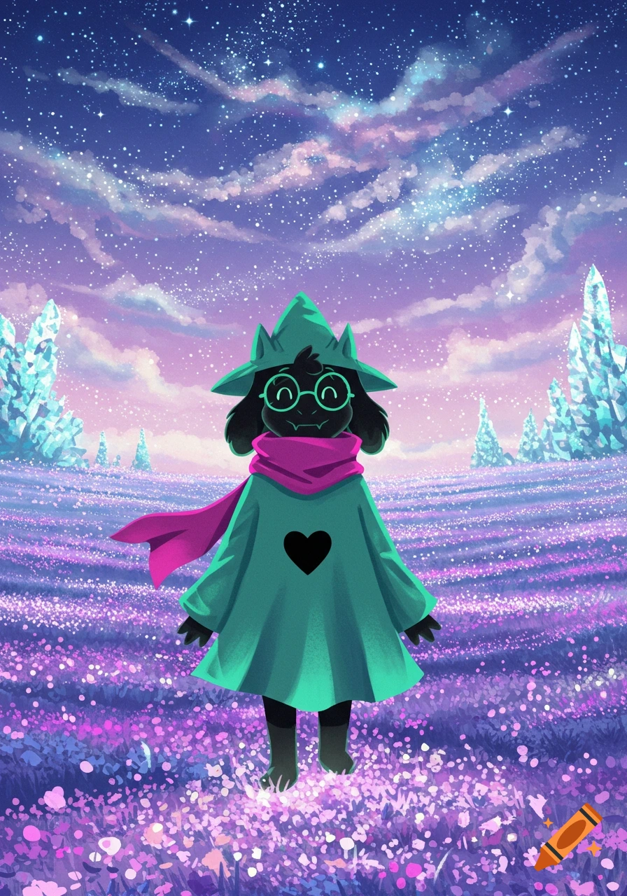 Ralsei, a dark-furred character in a teal cloak, pink scarf, and green hat, stands in a magical field of glowing purple flowers under a starry, cloudy sky with crystal formations.