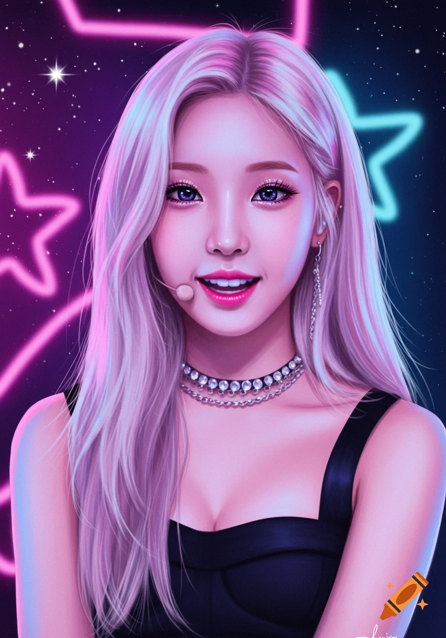 Stylized portrait of a smiling young woman with long blonde hair, wearing a black top and choker, against a dark background with neon stars.