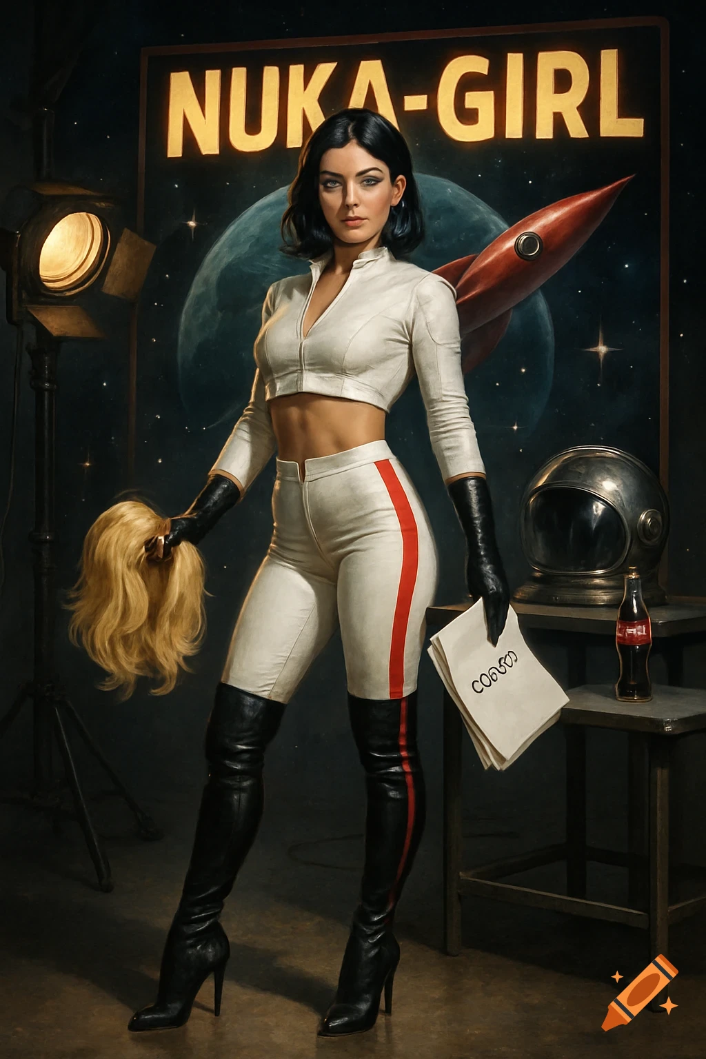 A woman in a white space outfit and thigh-high boots holds a blonde wig and a script on a space-themed movie set with a "NUKA-GIRL" sign.