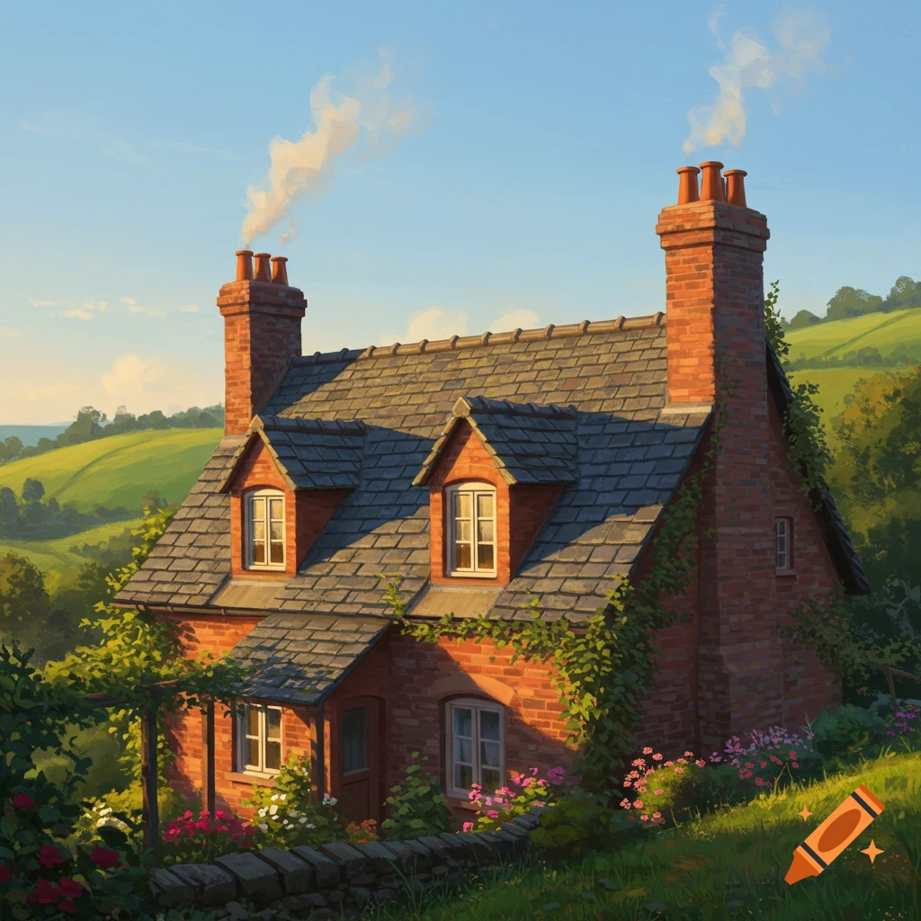 A cozy brick cottage with a stone roof, chimneys, and dormer windows, nestled in a lush green hillside with flowers and a stone wall.