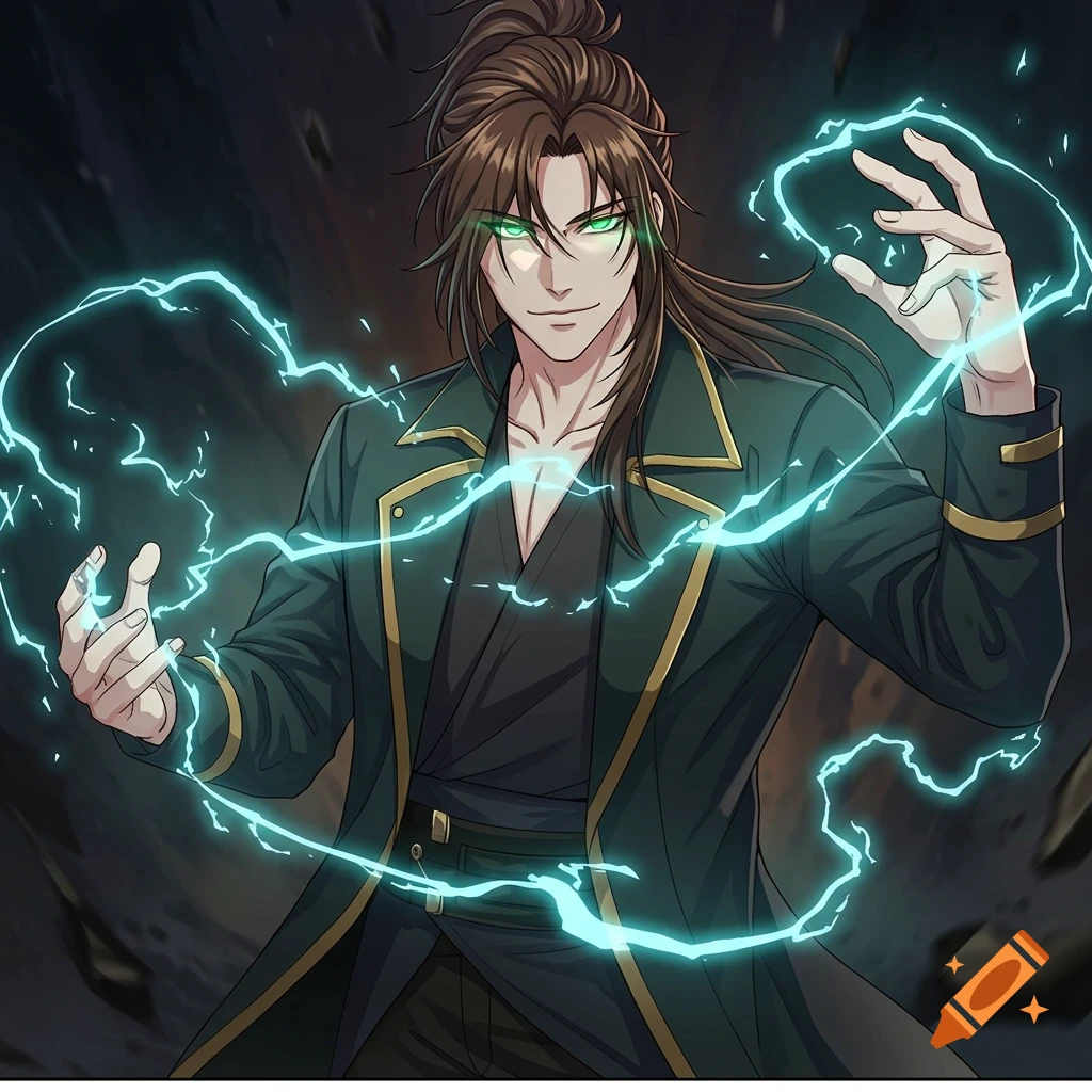 Manhwa style art of a young man with long brown hair and glowing green eyes, surrounded by blue lightning as he uses magic.