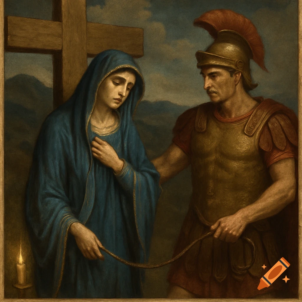 A somber Renaissance painting of a woman in a blue robe by a cross, with a Roman soldier holding a whip.
