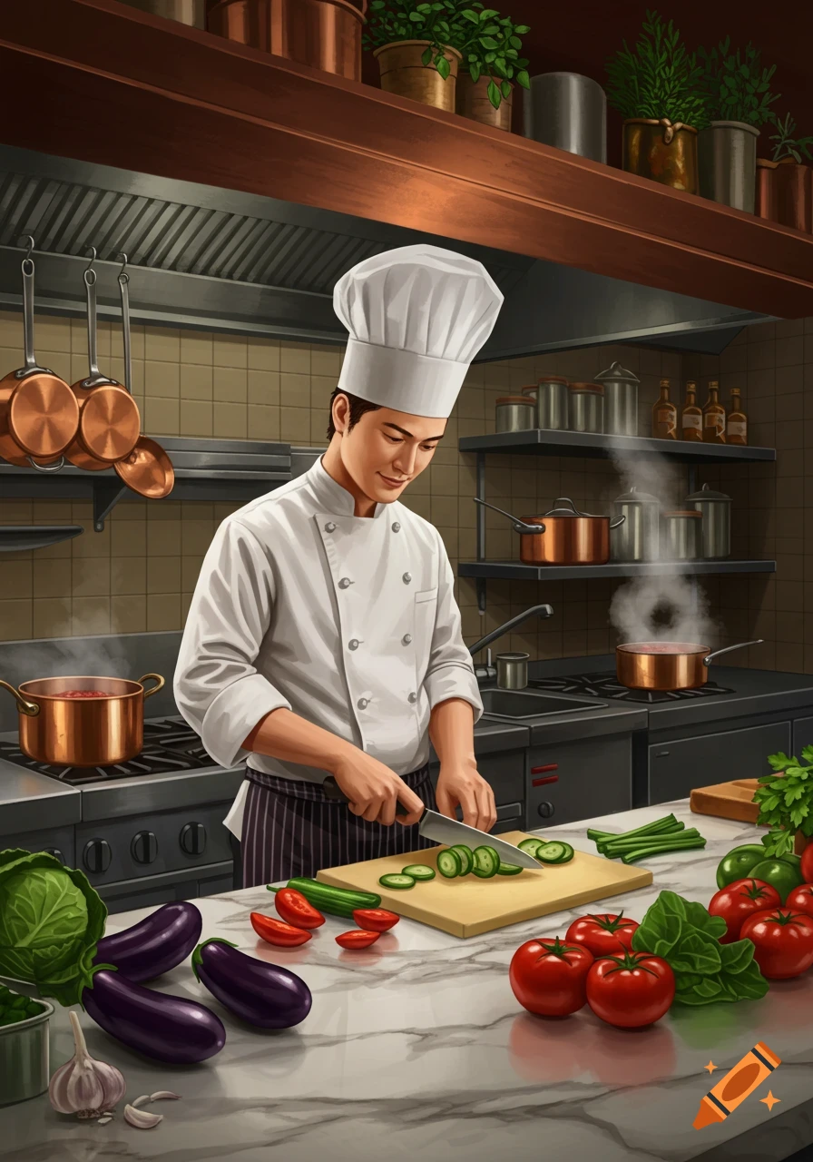 A male chef in a white uniform cutting cucumbers on a wooden board in a professional kitchen with various vegetables and cooking pots.