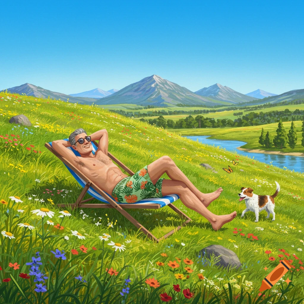An illustrated man in swim trunks reclines in a beach chair on a grassy, flower-filled hillside with mountains, a river, and a dog.