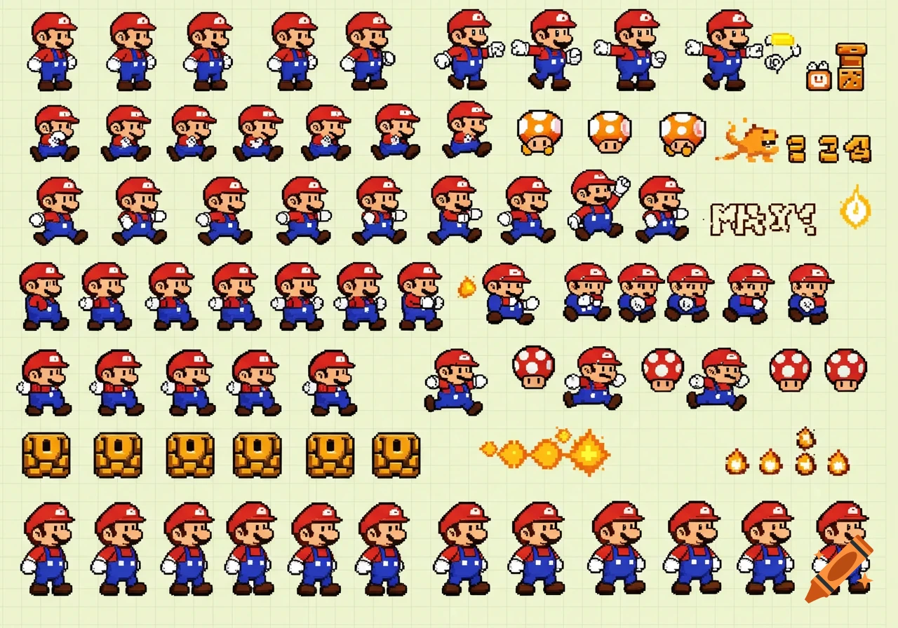 Retro pixel art sprite sheet featuring Mario in various poses, mushrooms, coin blocks, and fireballs on a light grid background.