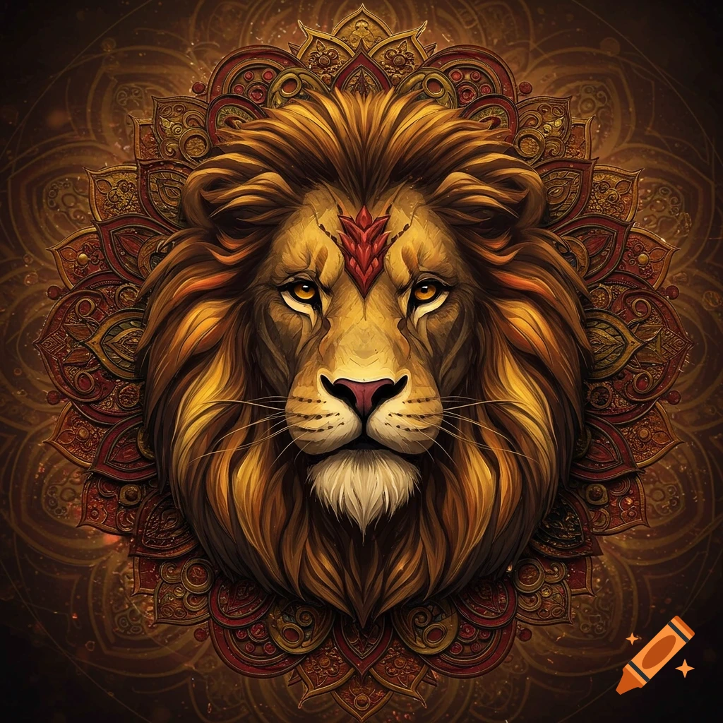 Detailed lion's head with golden mane, red forehead marking, against an ornate brown and gold mandala background.
