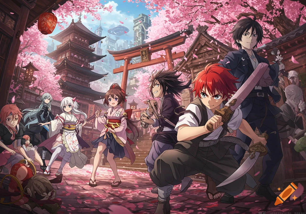 Anime characters in a cherry blossom-filled traditional Japanese town with futuristic city buildings in the background.