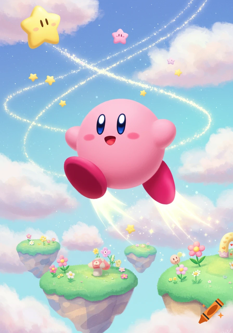 Kirby flies with stars and magic trails over floating islands with flowers in a whimsical sky.