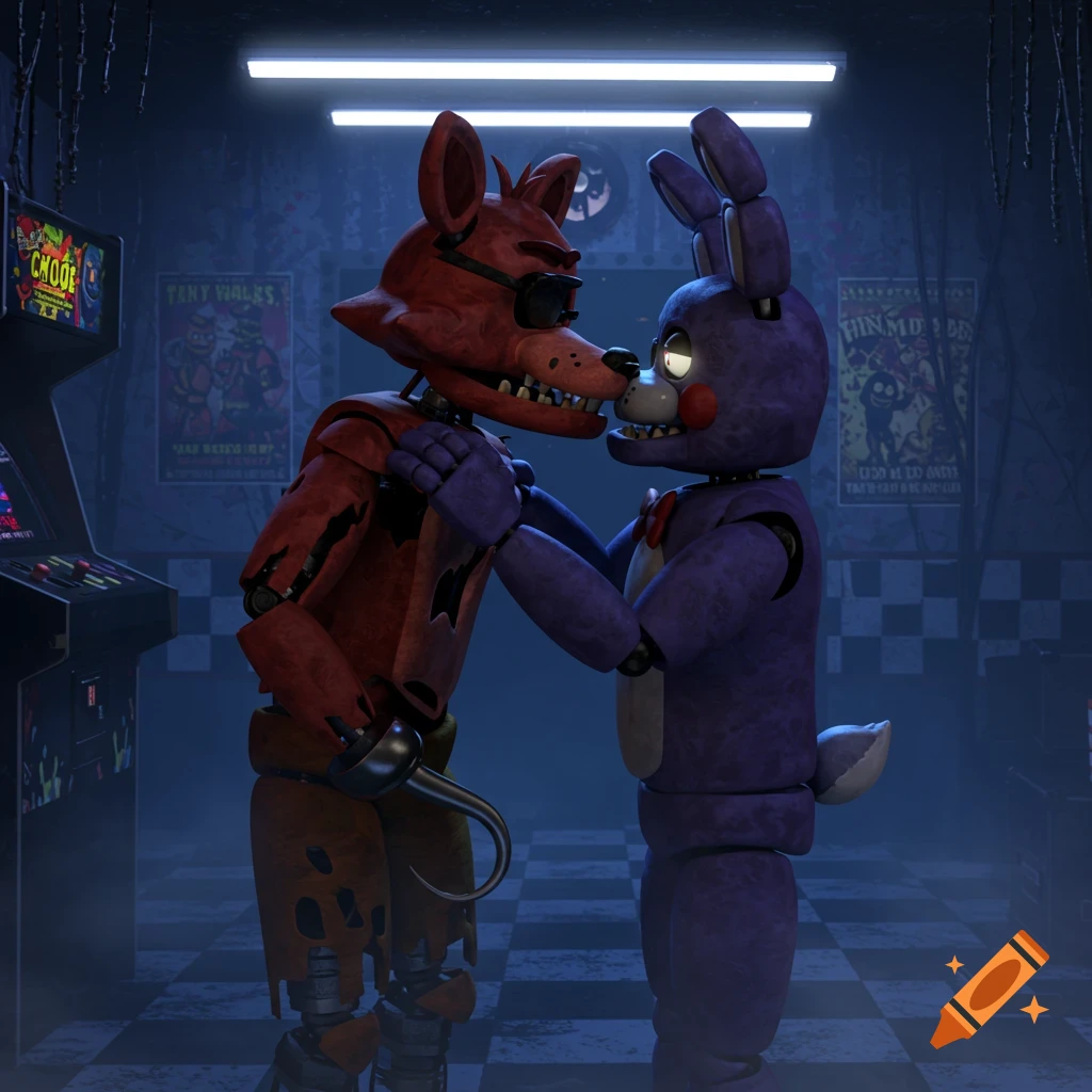 Foxy the red animatronic fox, wearing sunglasses and a hook, nose-to-nose with Bonnie the purple animatronic bunny in a dark room.