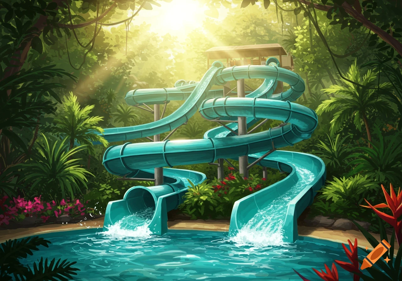 An illustrated scene of twisting blue water slides emptying into a pool, set within a lush green tropical jungle under a bright sun.