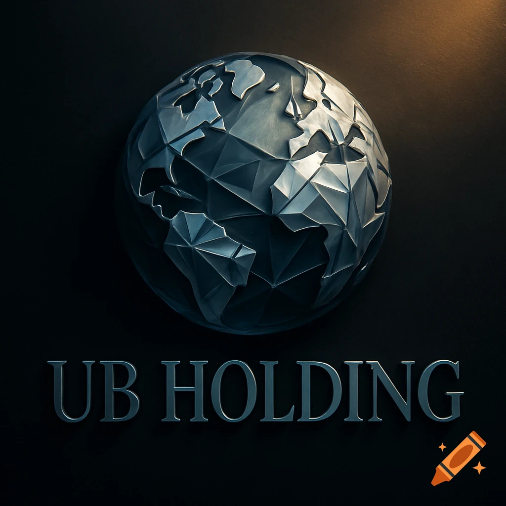 A shiny metallic, faceted globe above the text 'UB HOLDING' on a dark background, rendered in a 3D style.