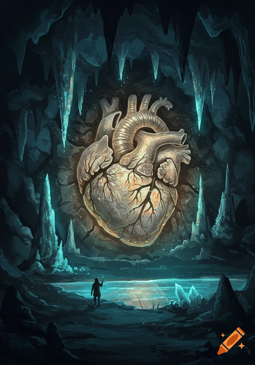 A large, glowing, fossilized heart rests in a dark cave with blue crystals and a small figure observing a reflective pool.