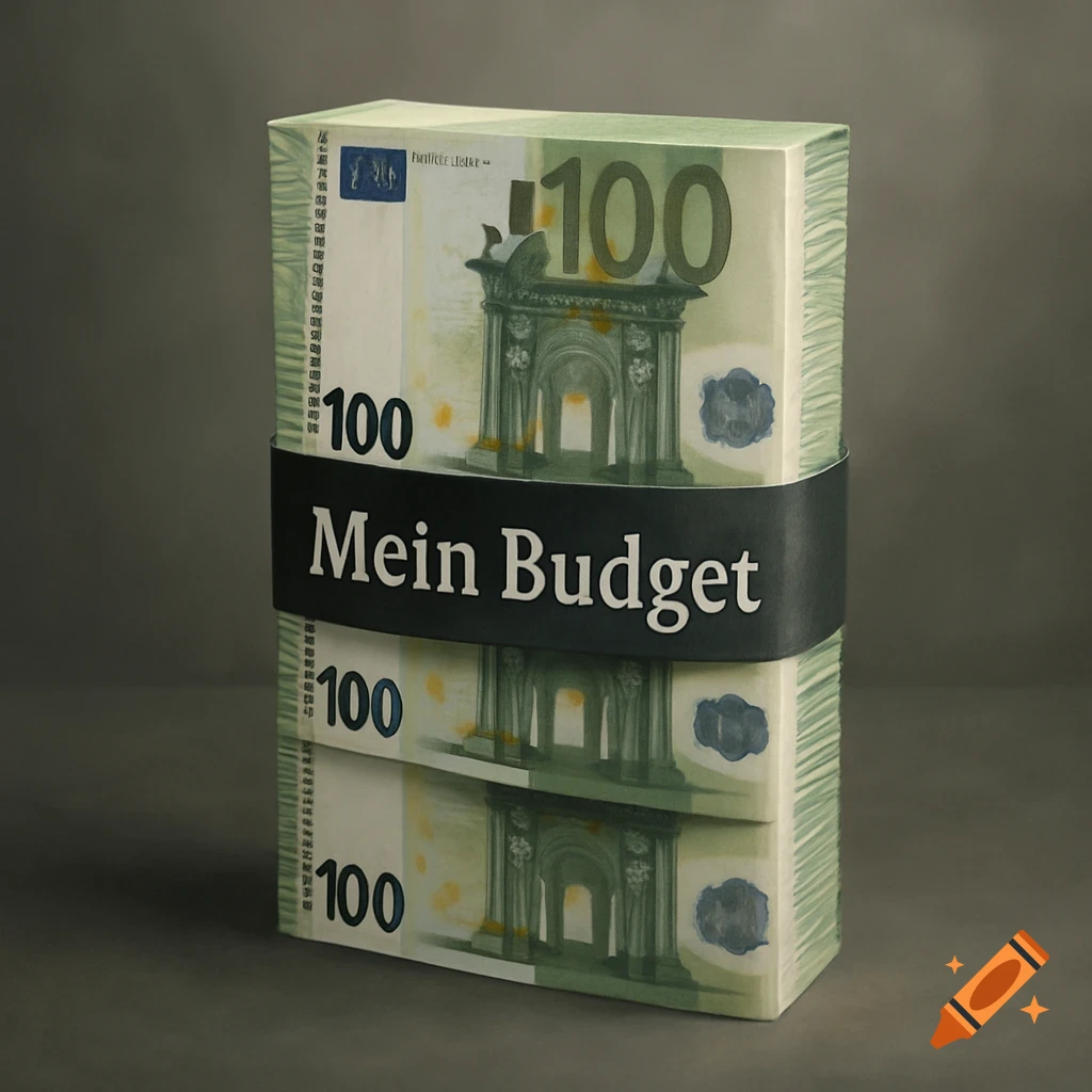 A stack of 100 Euro banknotes is bound with a black band labeled "Mein Budget" in white text, set against a dark gray background.