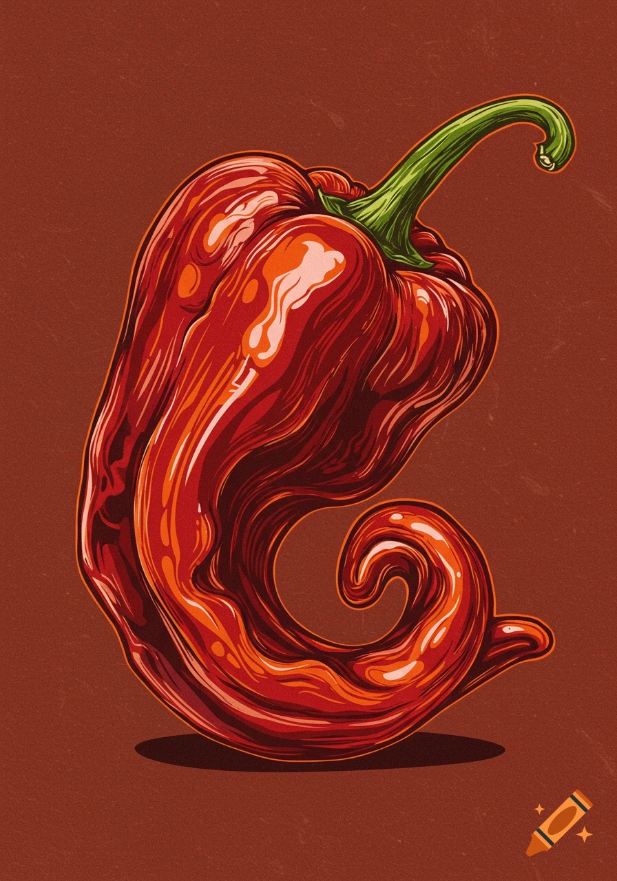 A stylized linocut illustration of a vibrant red pepper, with a green stem, curled at the bottom on a textured brown background.