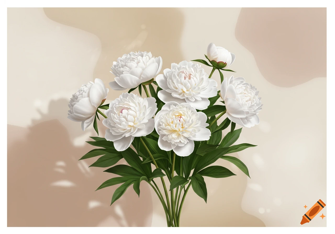 A beautiful bouquet of white peonies with green leaves stands against a soft beige background.