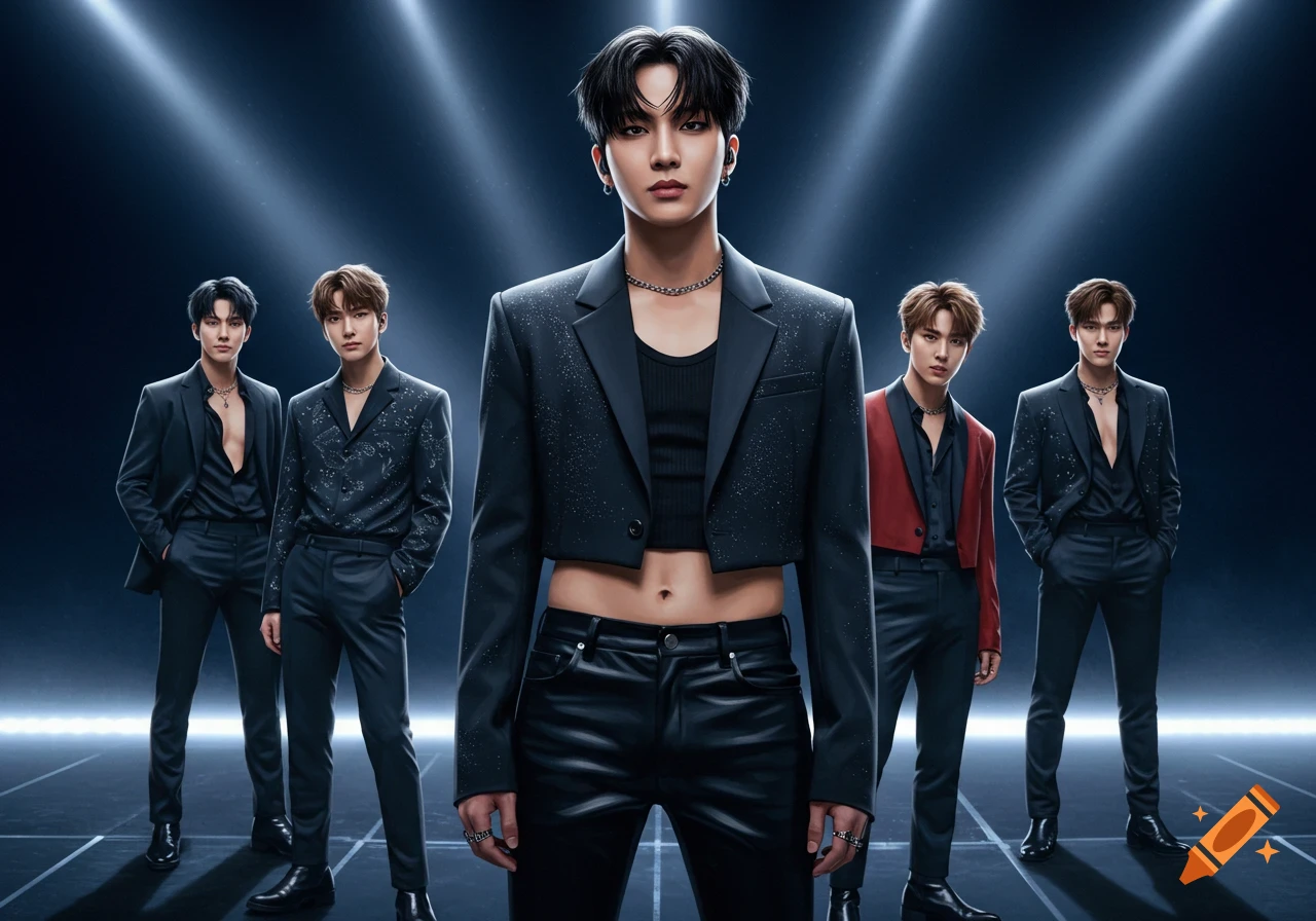 Five K-pop group members stand confidently on a dark stage under spotlights, dressed in stylish dark suits.