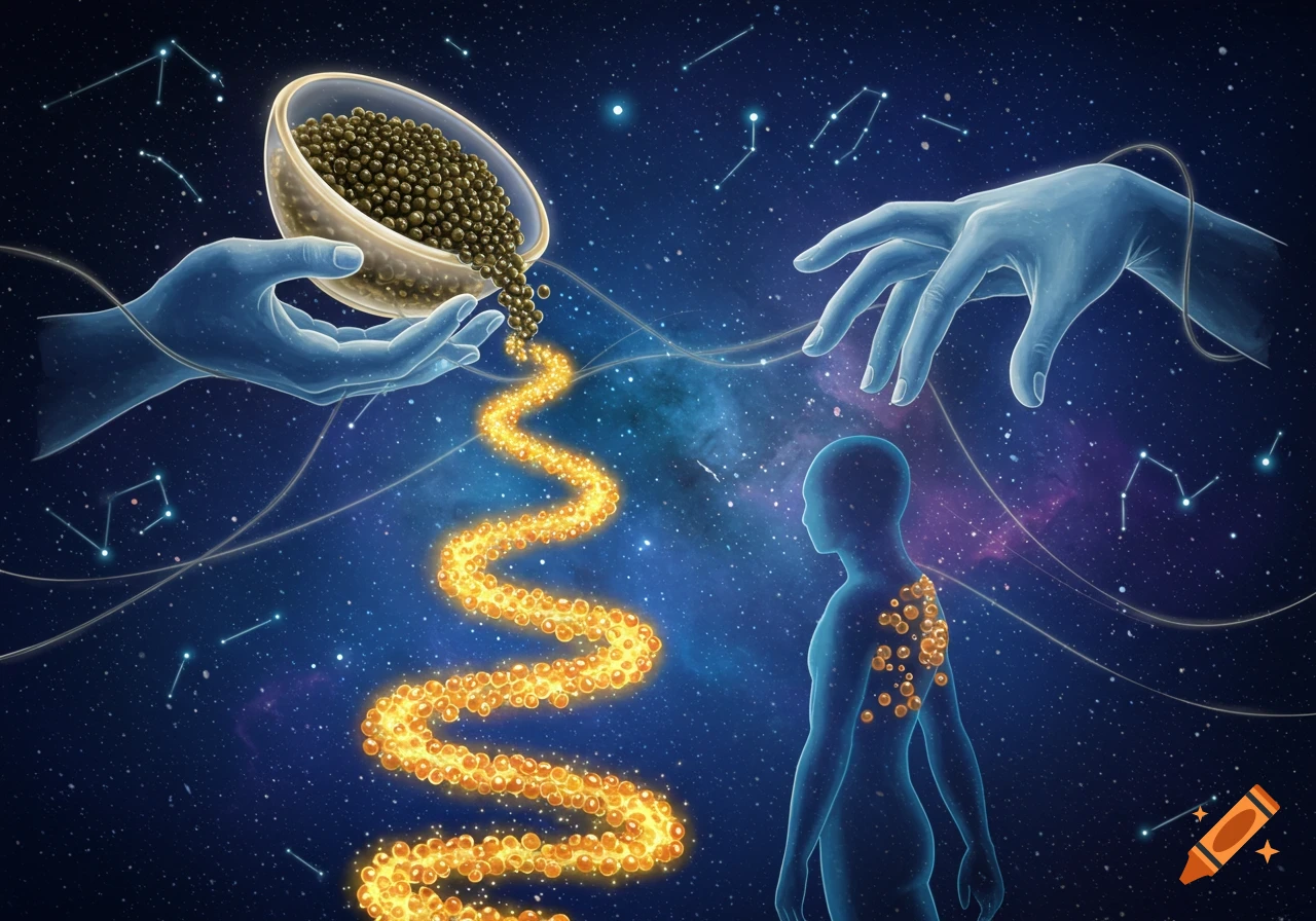 Ethereal blue hands pour glowing particles from a bowl into a human ...