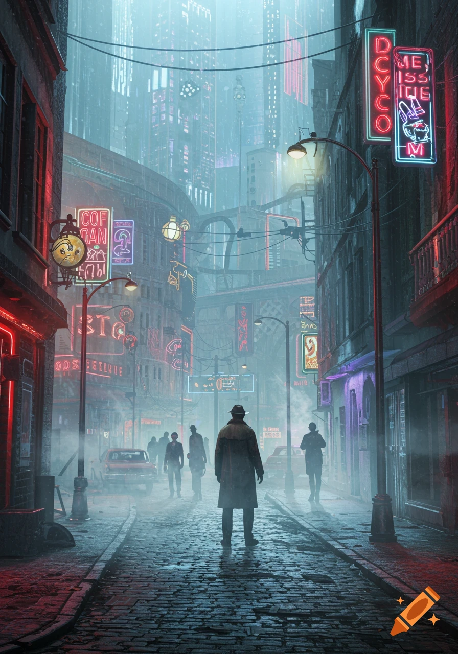 A lone figure in a trench coat walks down a wet, neon-lit cyberpunk city street shrouded in mist.