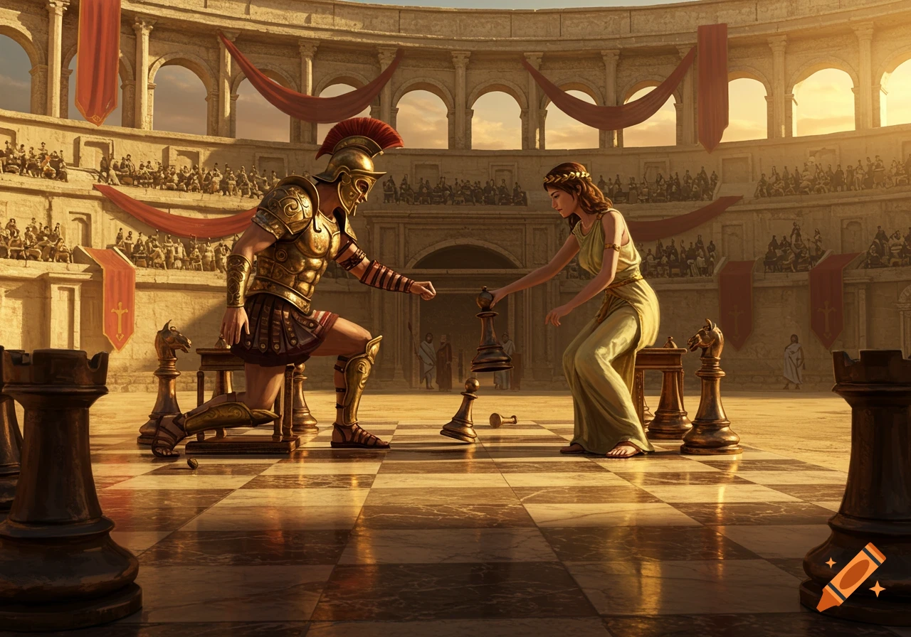 A male gladiator and a female figure in ancient attire play chess in a grand Roman-style arena, watched by a crowd.