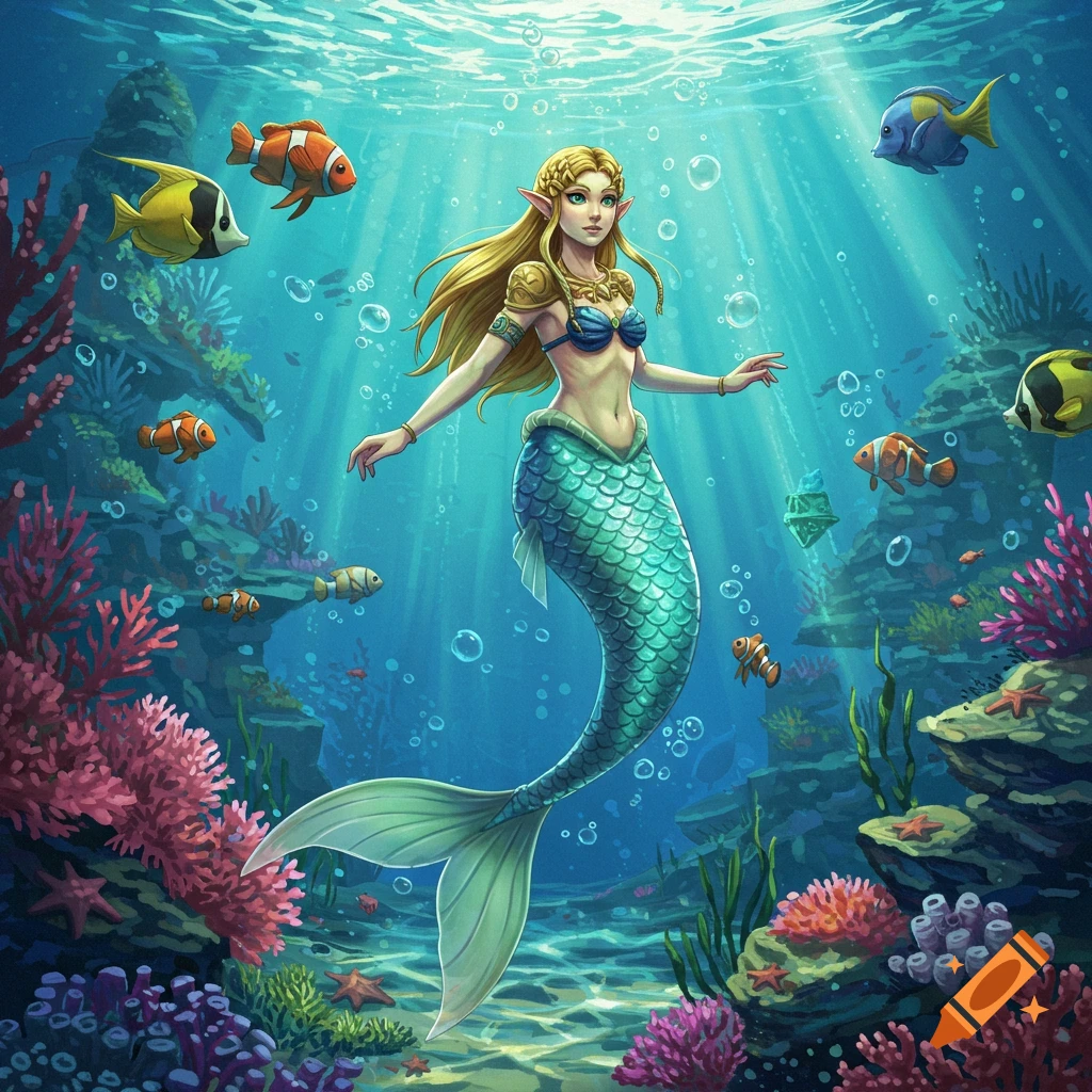An illustrated mermaid resembling Princess Zelda swims in a vibrant coral reef, surrounded by colorful fish and sunbeams.