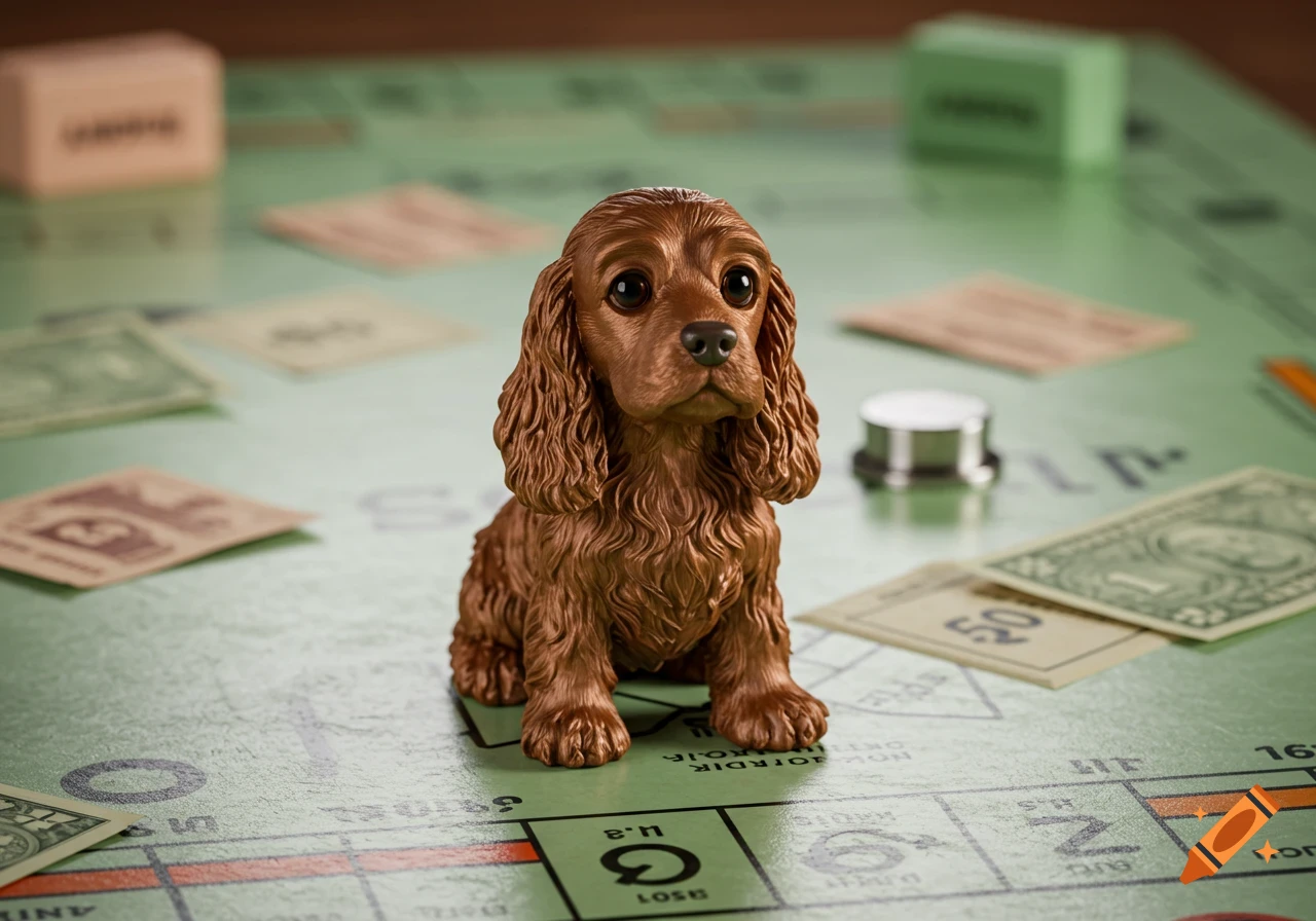 A detailed brown cocker spaniel figurine sits on a green Monopoly board, surrounded by game money and property cards. The image is photorealistic.