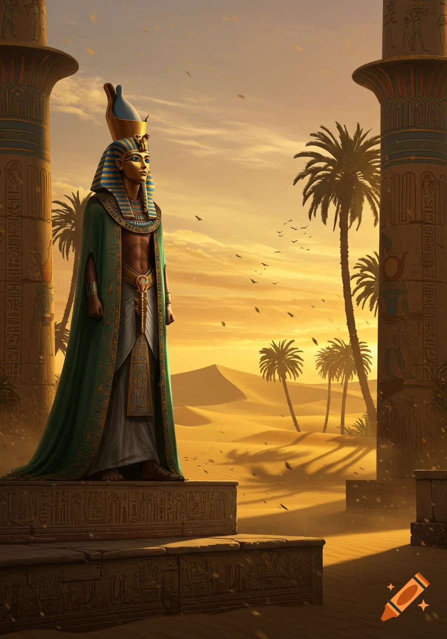 A pharaoh in ornate green and gold attire stands on a stone platform amidst ancient columns in a golden desert landscape at sunset.