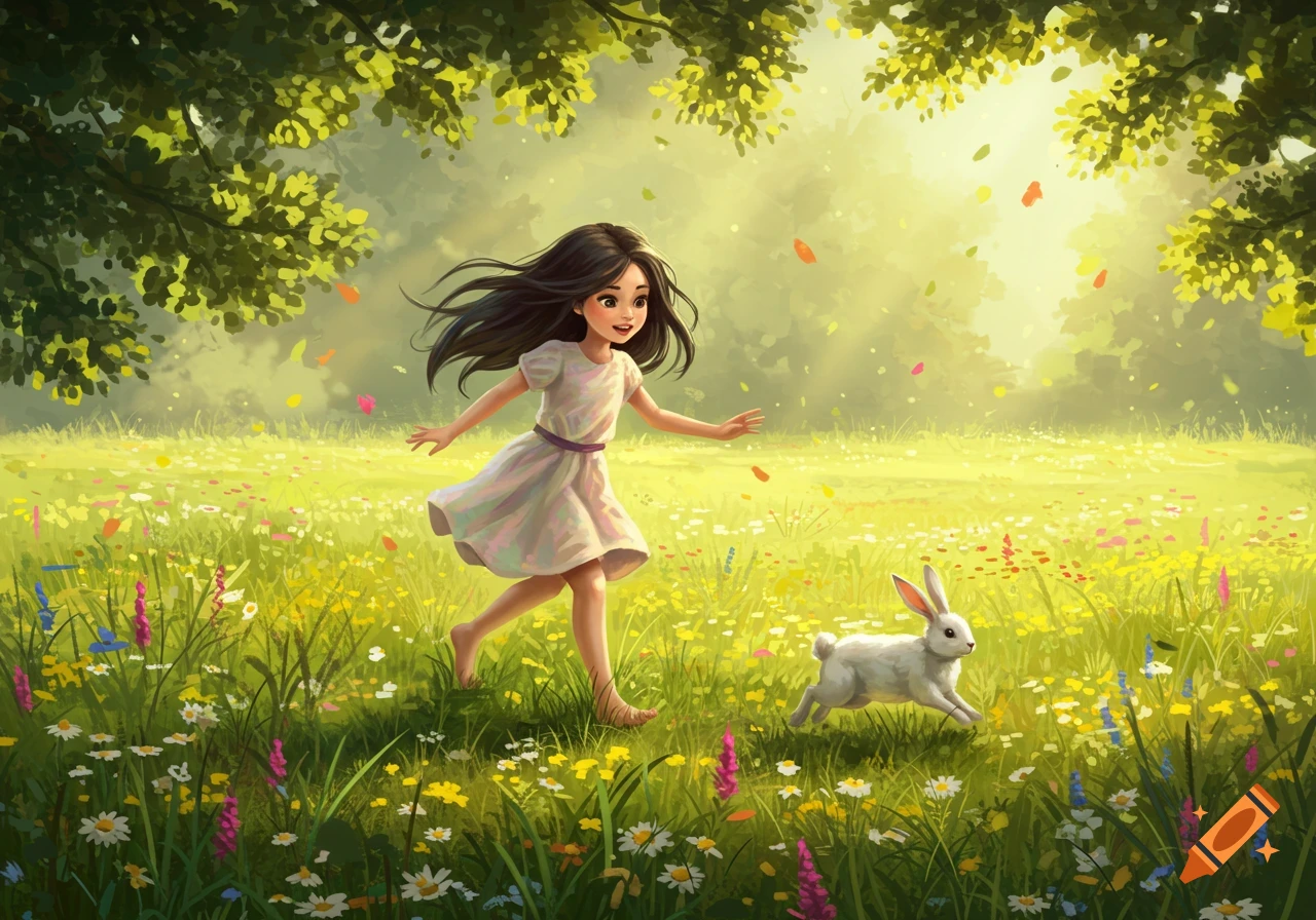 A smiling girl with long dark hair runs barefoot through a sunny field ...