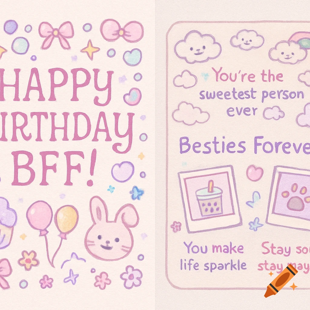 A pastel-colored digital doodle art greeting card with text like 'Happy Birthday BFF!', 'You're the sweetest person ever', and 'Besties Forever'. It features bows, stars, hearts, a cupcake, balloons, a bunny, smiling clouds, a rainbow, boba, and paw prints.