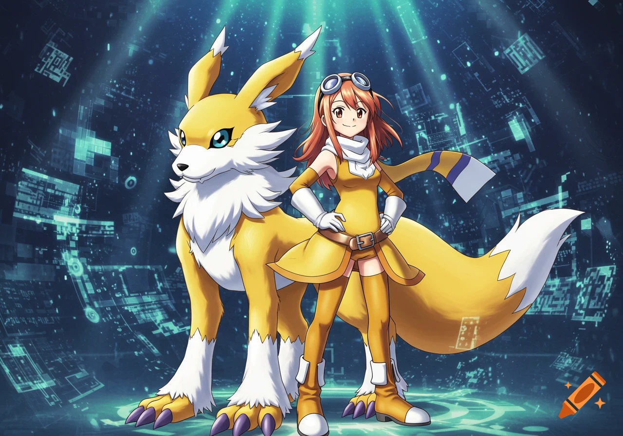 Anime illustration of a girl in a yellow costume with goggles standing next to a large yellow and white fox-like creature, against a blue digital background.