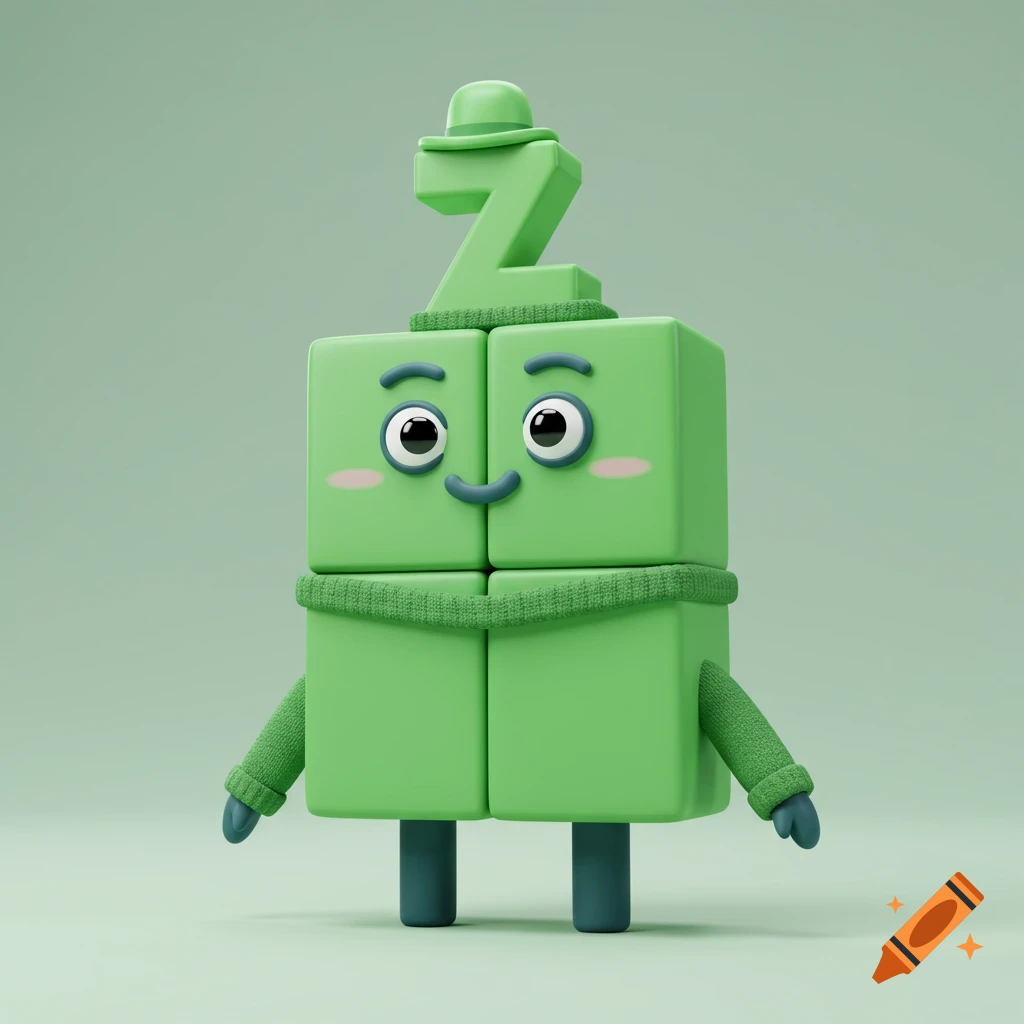 A cute green character made of four blocks in a 2x2 arrangement, wearing a green sweater and hat, with a large letter 'Z' on its head.