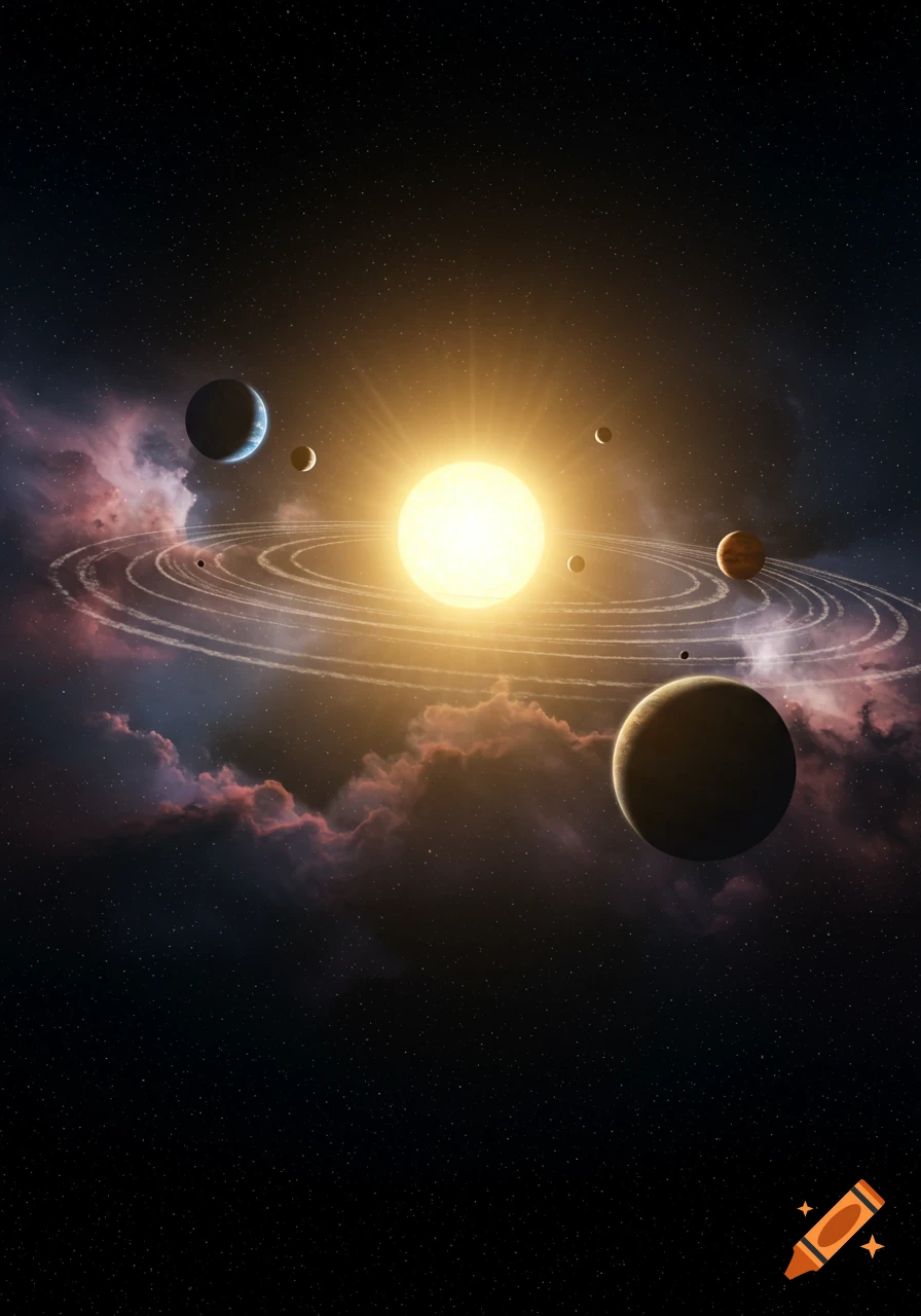 A bright sun at the center of a solar system with planets orbiting in rings, set against a starry sky with colorful nebulae.