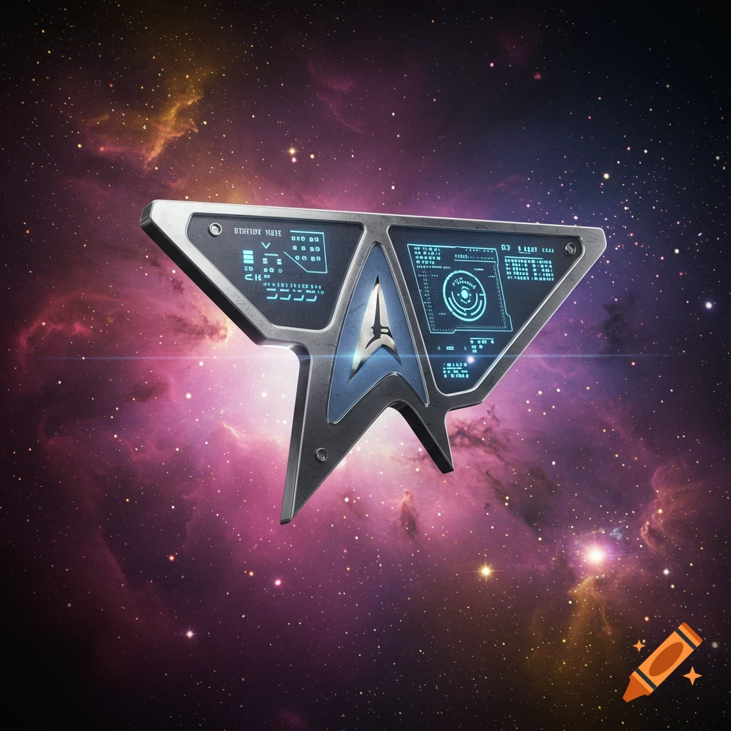 A futuristic Starfleet-style combadge with glowing blue screens displaying data and a Star Trek insignia, floating in a vibrant purple and orange space nebula.