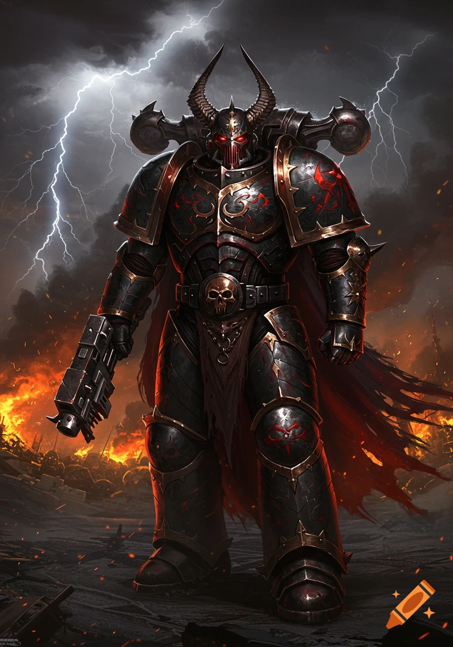 A dark, horned warrior in black and red power armor stands amidst lightning, fire, and destruction, holding a rifle.
