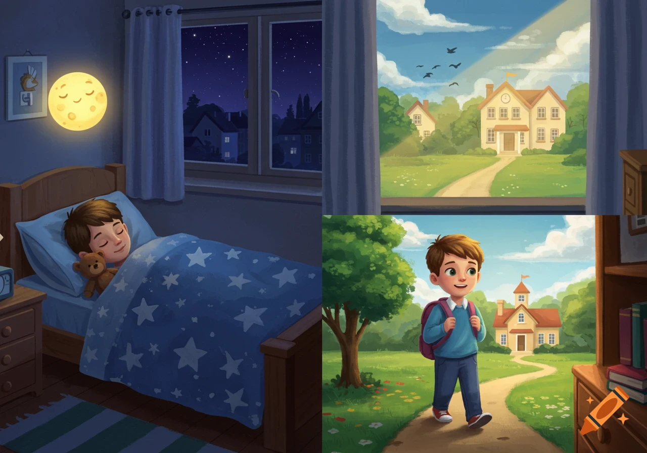 An illustration split into two scenes: a boy sleeping in bed at night, and the same boy walking to a school building on a sunny day.