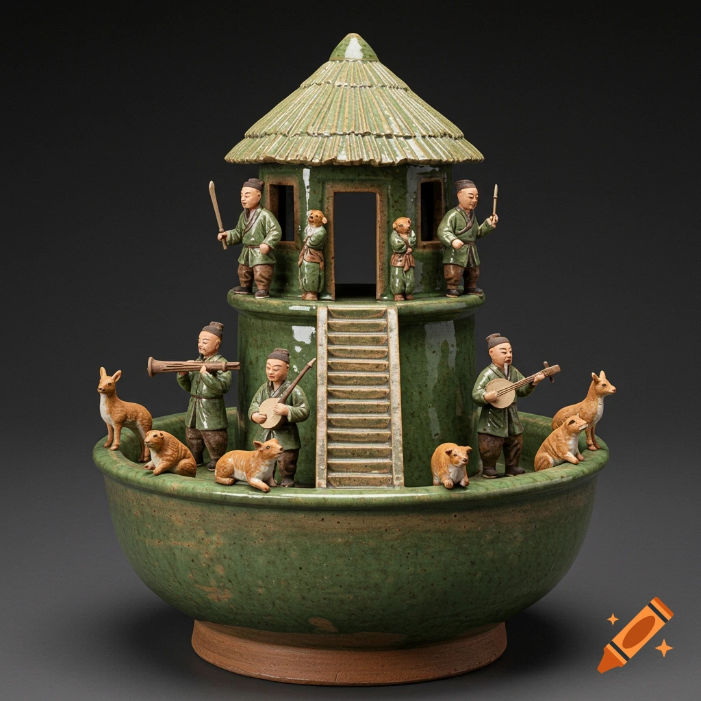 Green glazed Han dynasty earthenware watchtower model with figures, musicians, and animals on a bowl-shaped base.